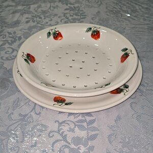 Vintage French Apilco Porcelain Strawberry Fruit Colander and Under Plate Set